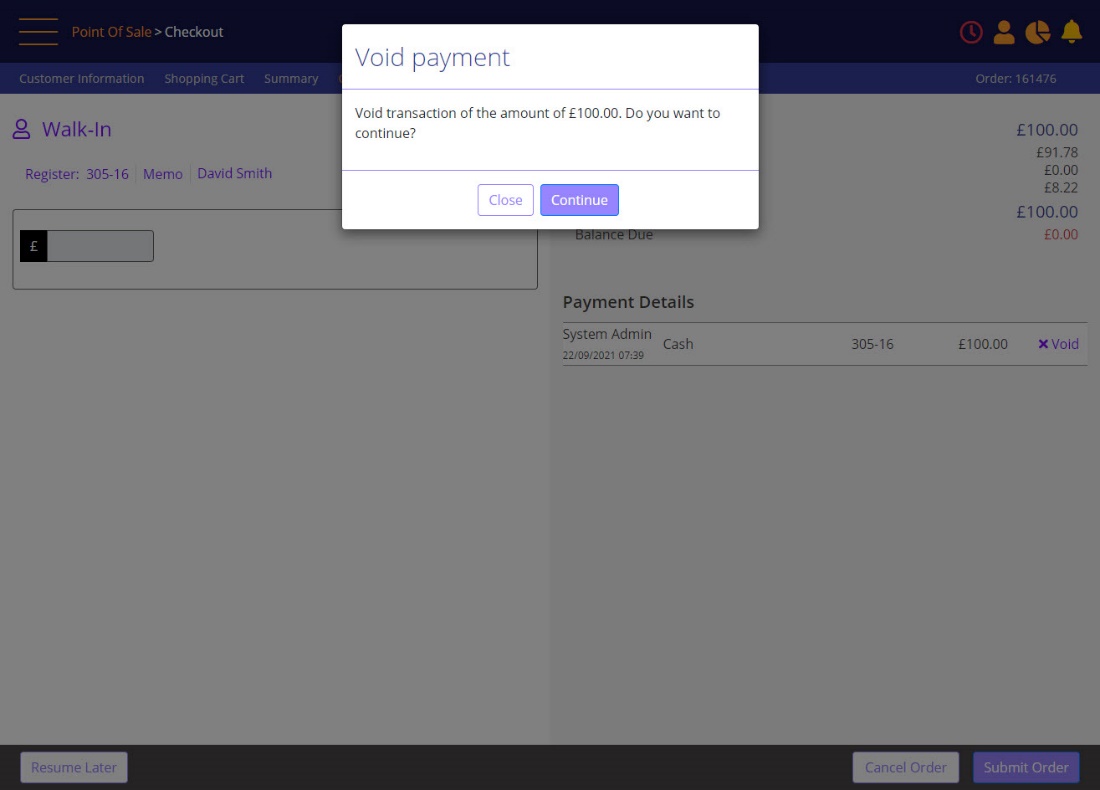 mPOS void payment confirmation popup