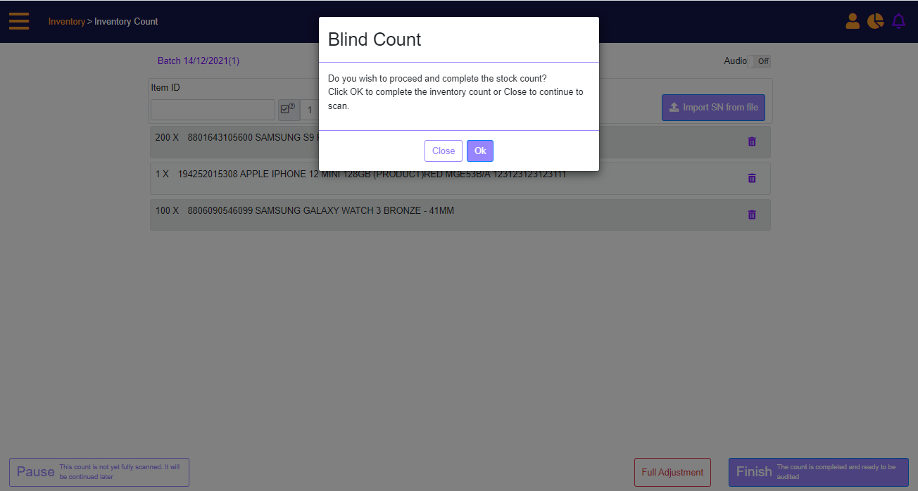 Blind Count is complete - confirmation prompt