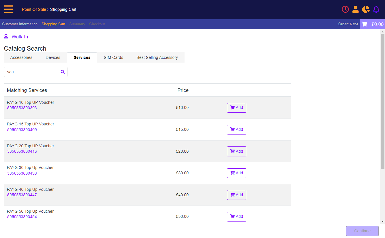 Shopping Cart - catalog search - vouchers under the Services tab