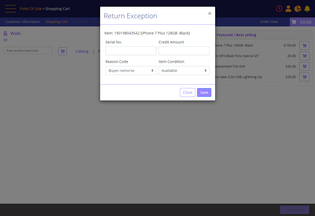 Return Exception prompt - enter serial number and orher details