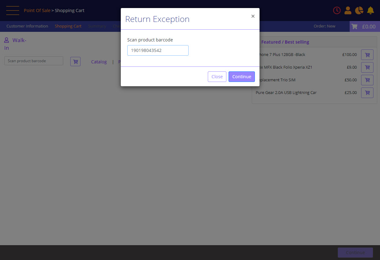 Return Exception prompt - enter the product SKU