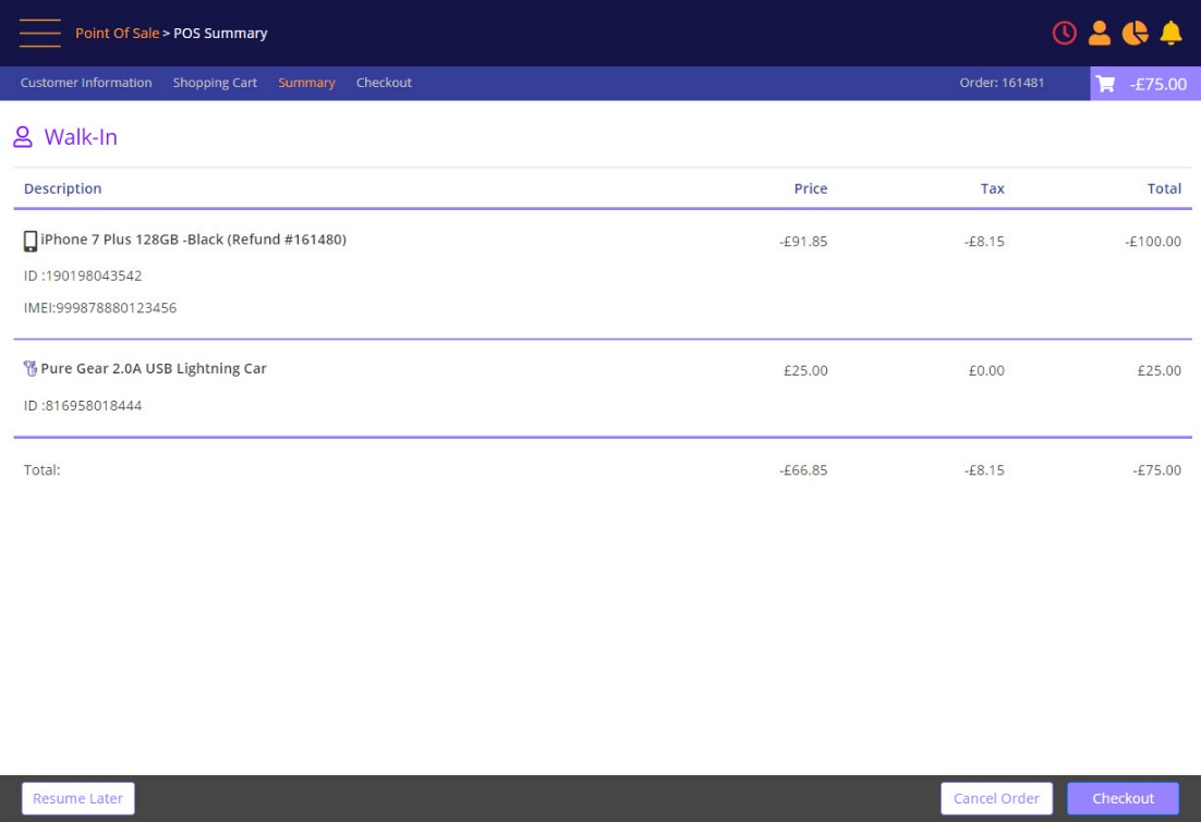 Order Summary page reflecting the refund amount