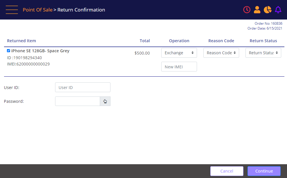 POS Return Confirmation - populate new IMEI for exchange