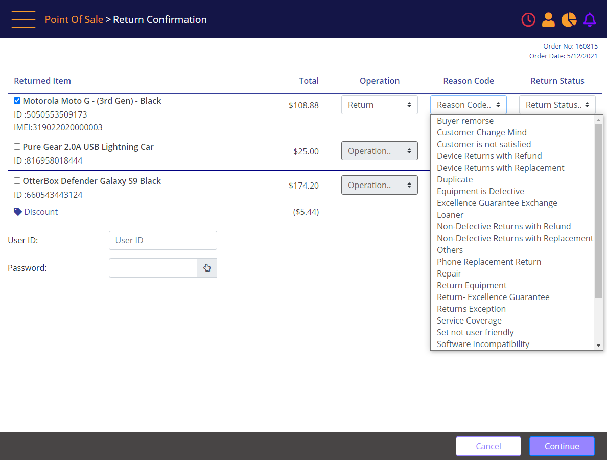 POS return confirmation - reason code list