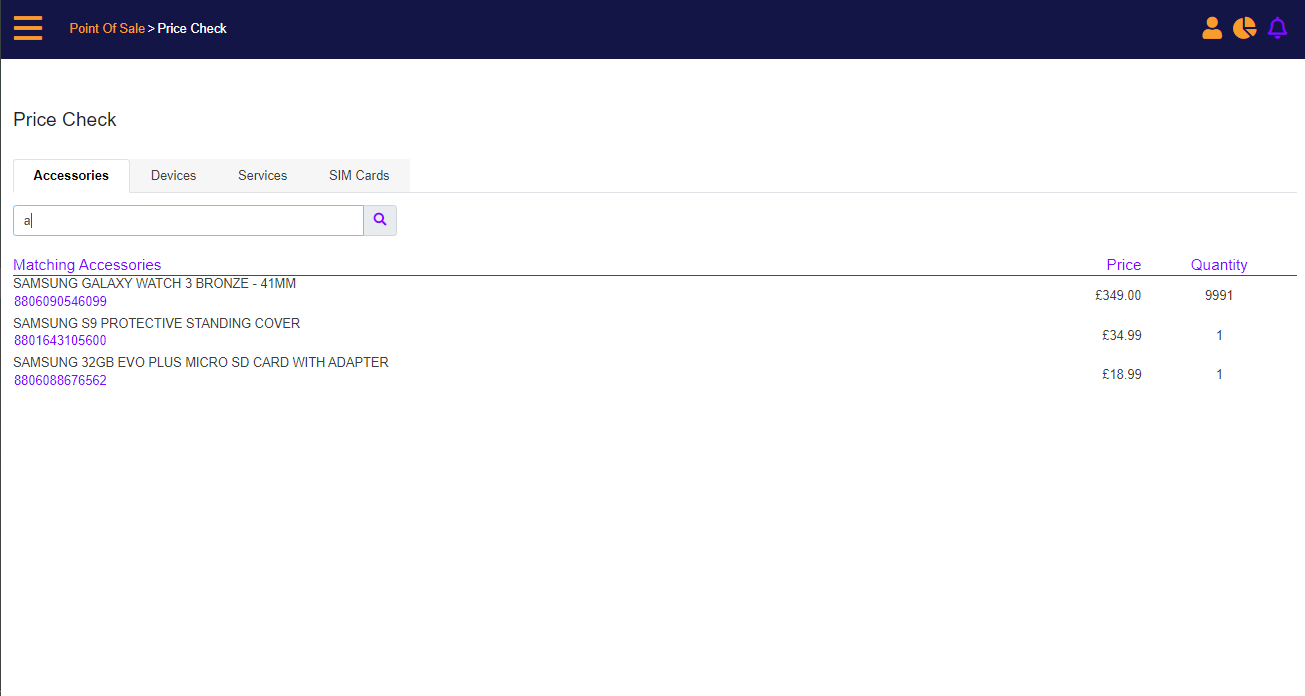 mPOS Invnetory - price check - accessories