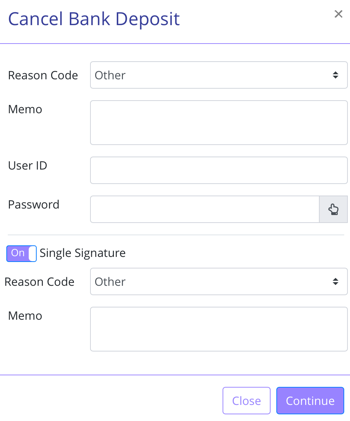 Cancel Bank Deposit – single signature authentication