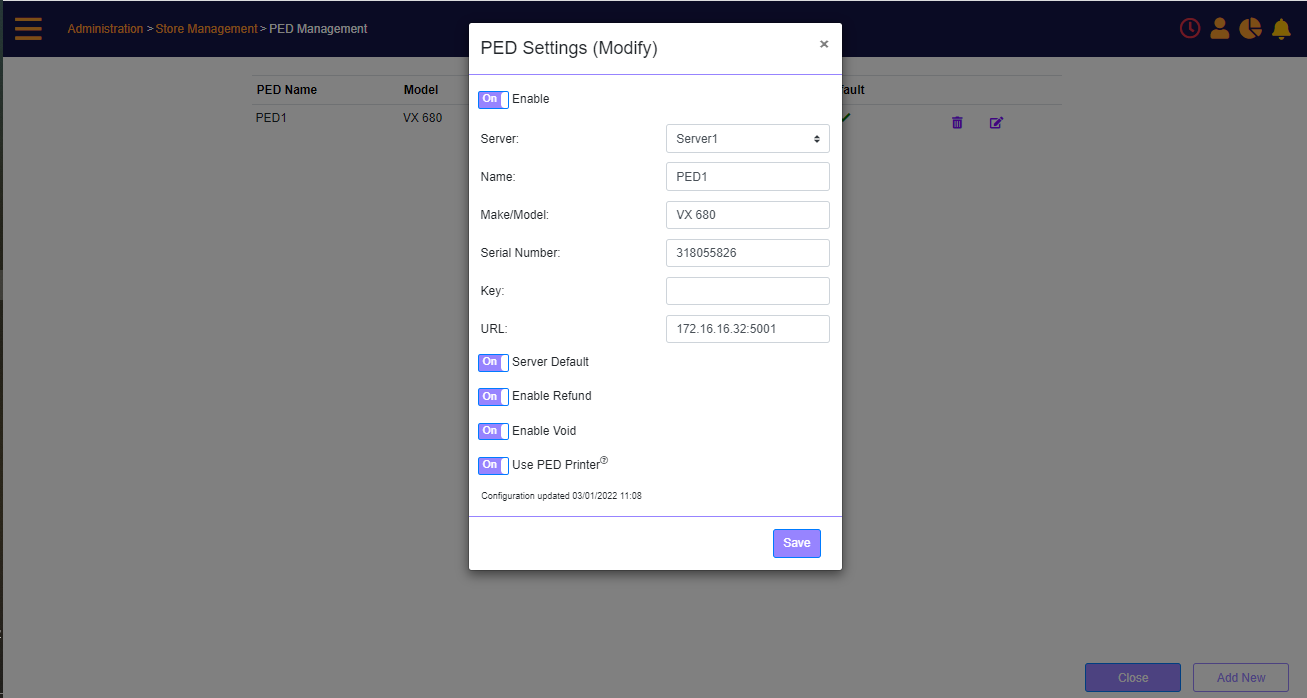 PED Settings (Modify) prompt