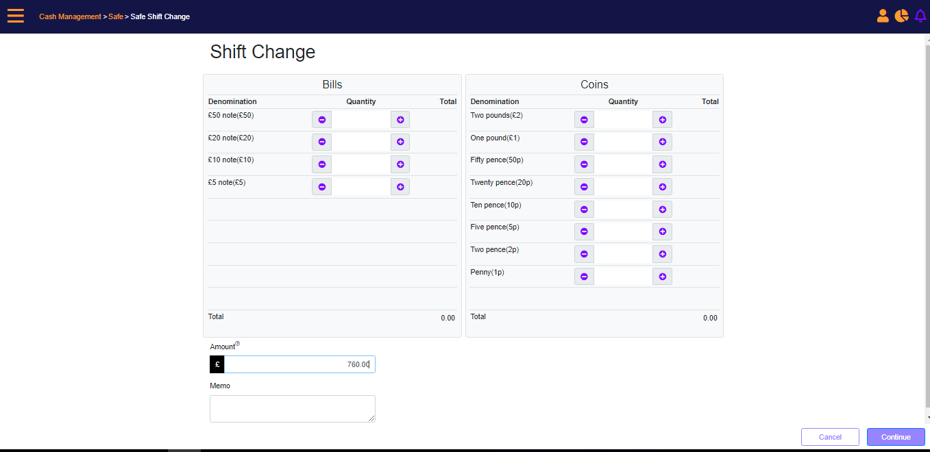 Safe Shift Change screen