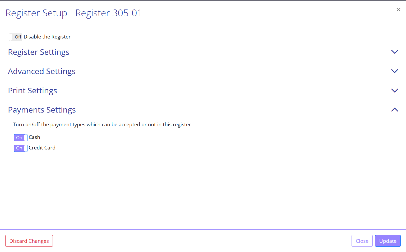 Register Setup Screen – payment Settings