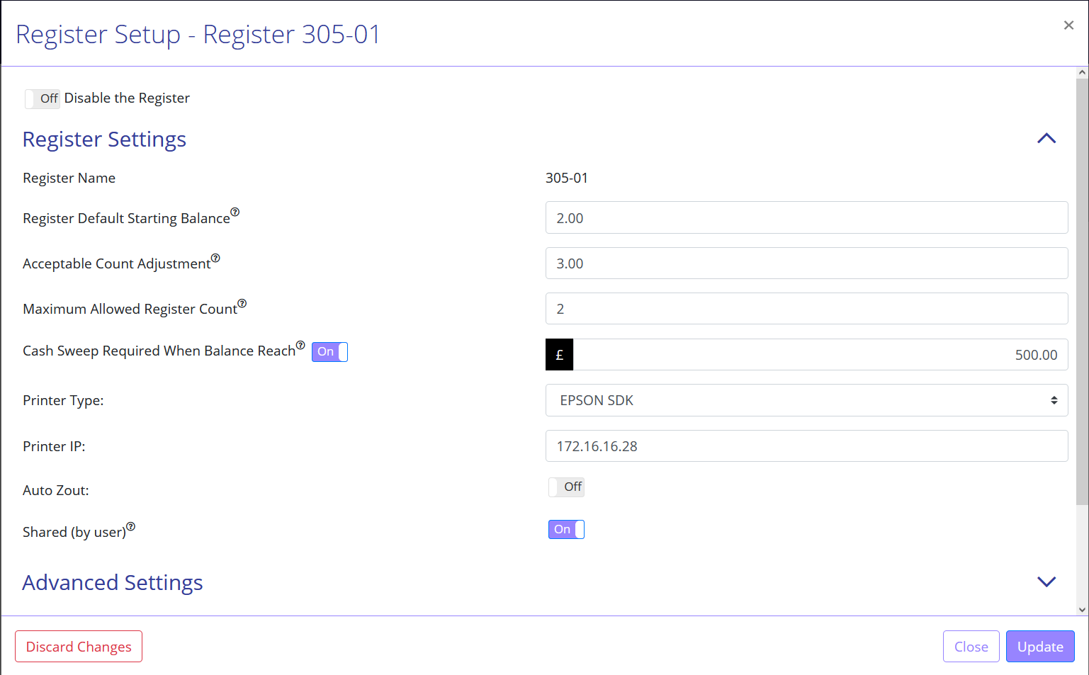 Register Setup screen