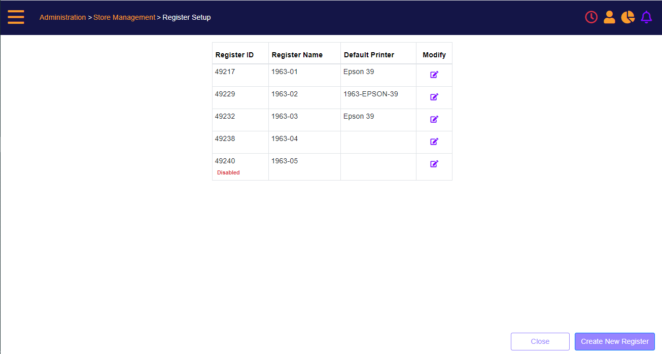 Register Setup landing page - Register list