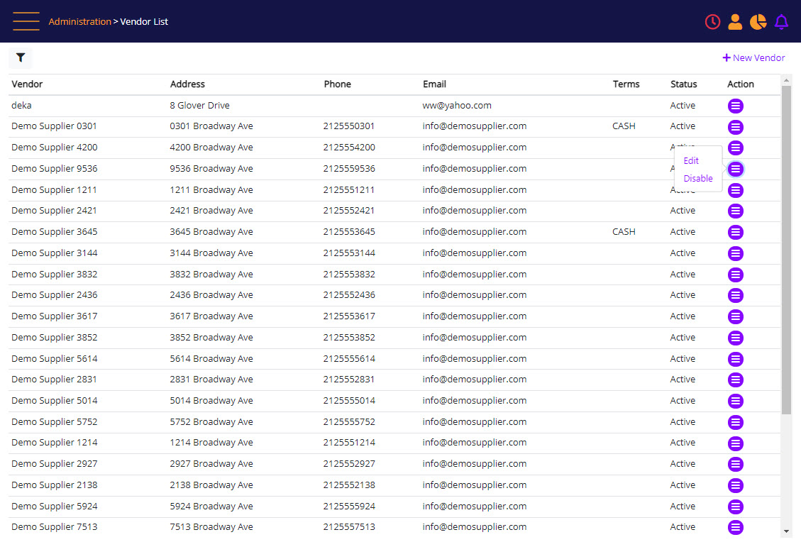 Supplier management landing page - vendor list