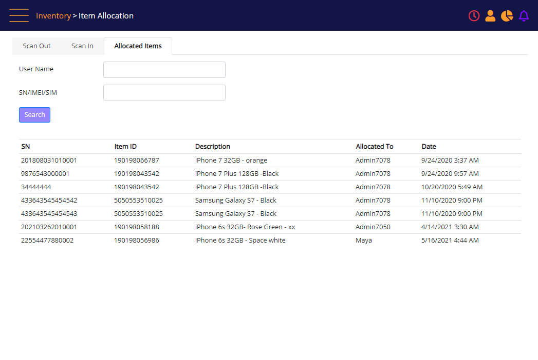 Item Allocation screen