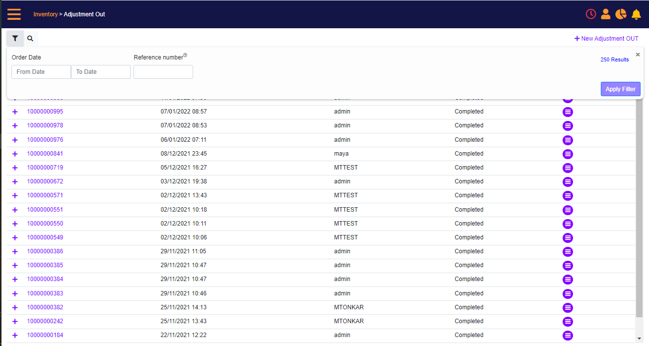 Adjustment Out search filters