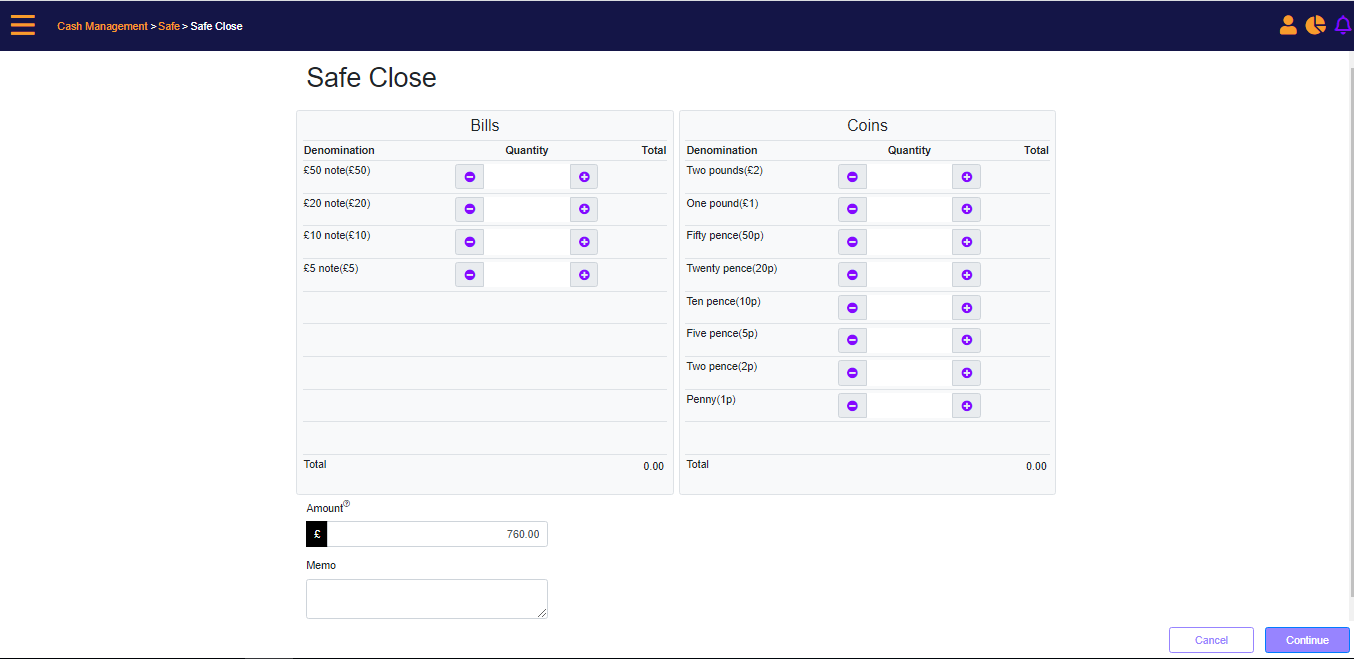  Safe Close – cash count