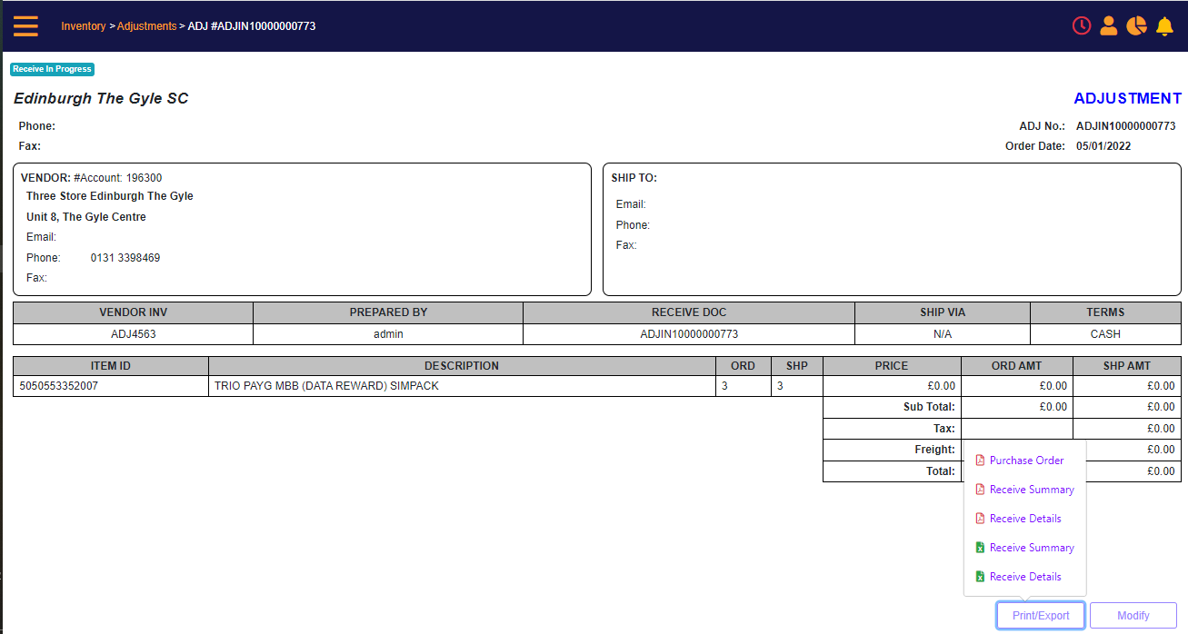 Adjustment view - print/export options