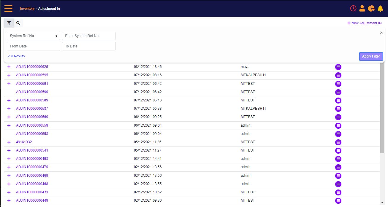 Adjustment In – search filters