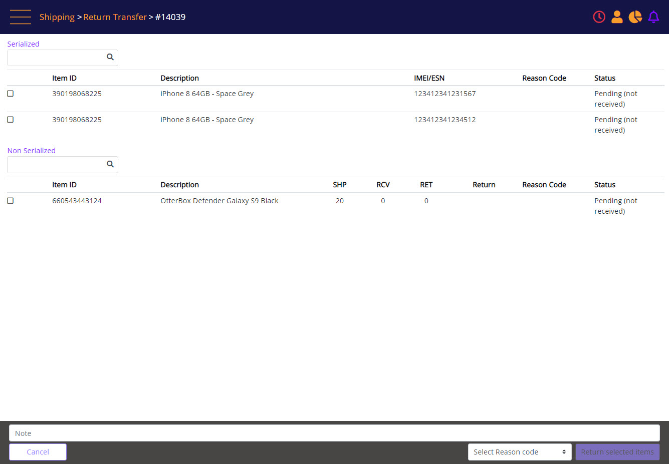 Return Transfer- serial and non serial items