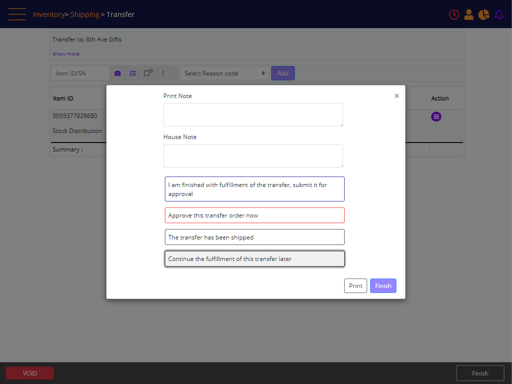 Store Transfer - finish panel