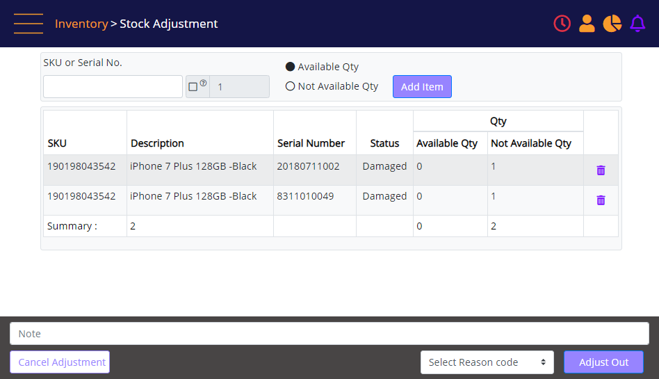 Stock Adjustment auto populated with serial numbers