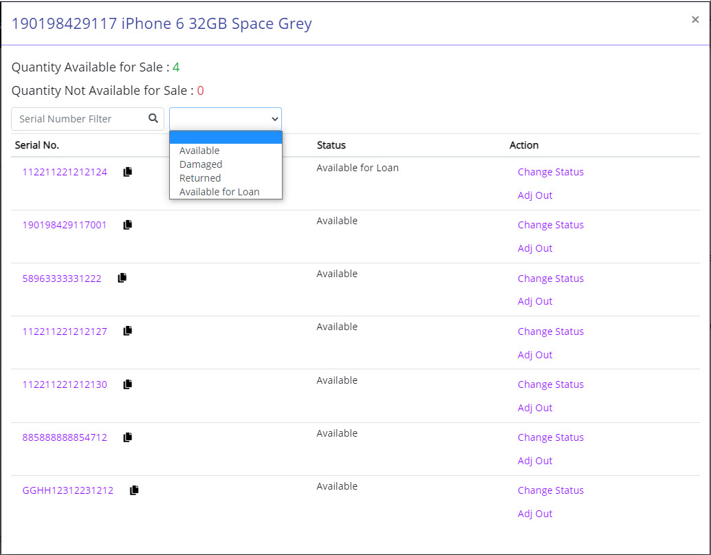 Stock Management - Serial item- search by item status