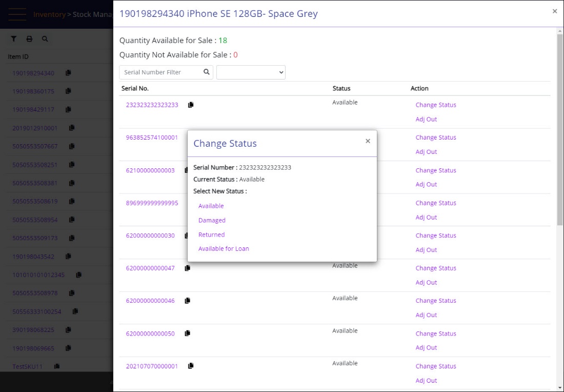 Stock Management – Quantity panel – change status 