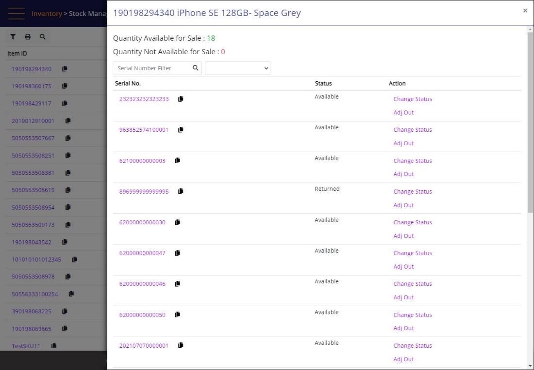 Stock Management – Quantity panel – serialized item