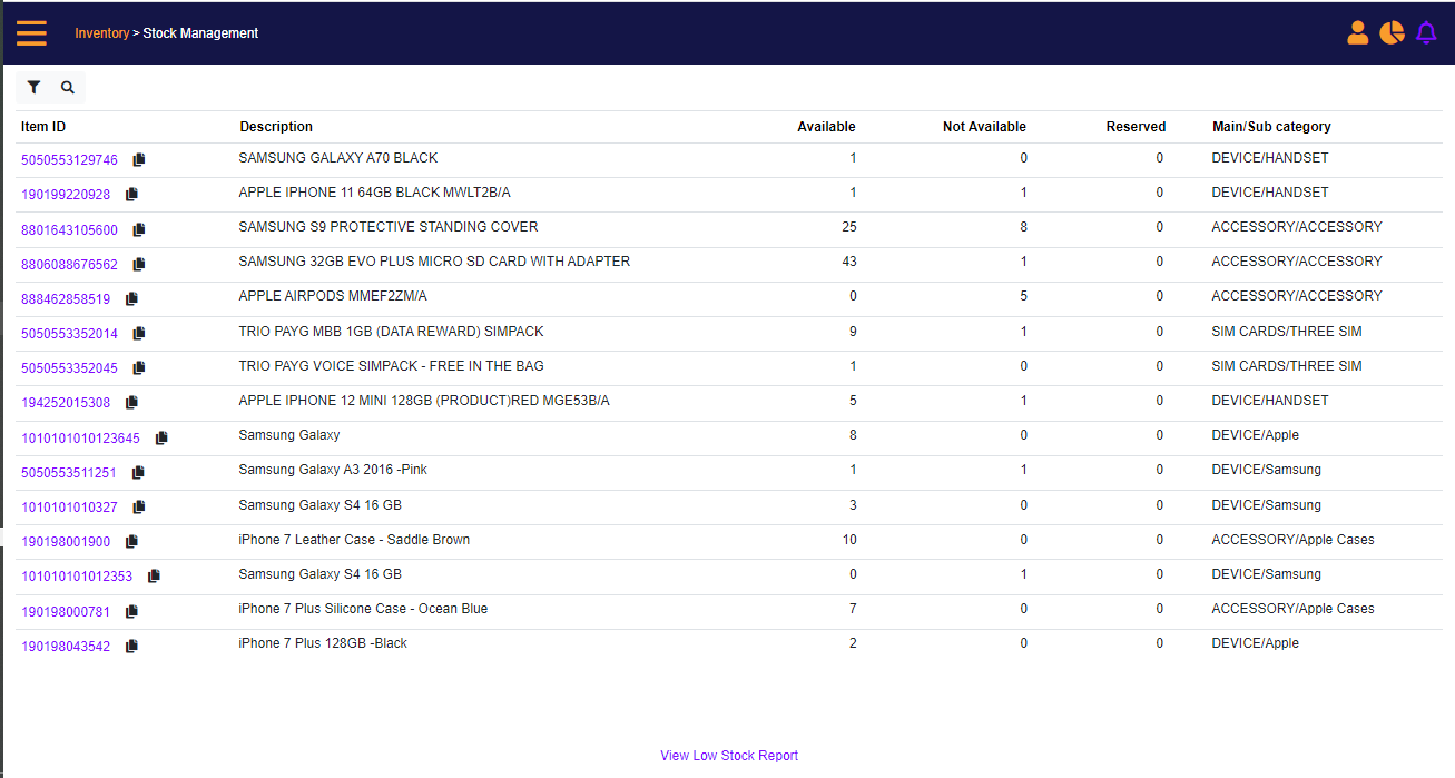 Stock Management – search results