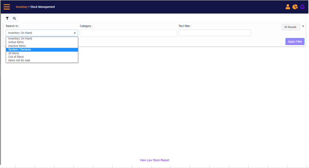Stock Management search filters