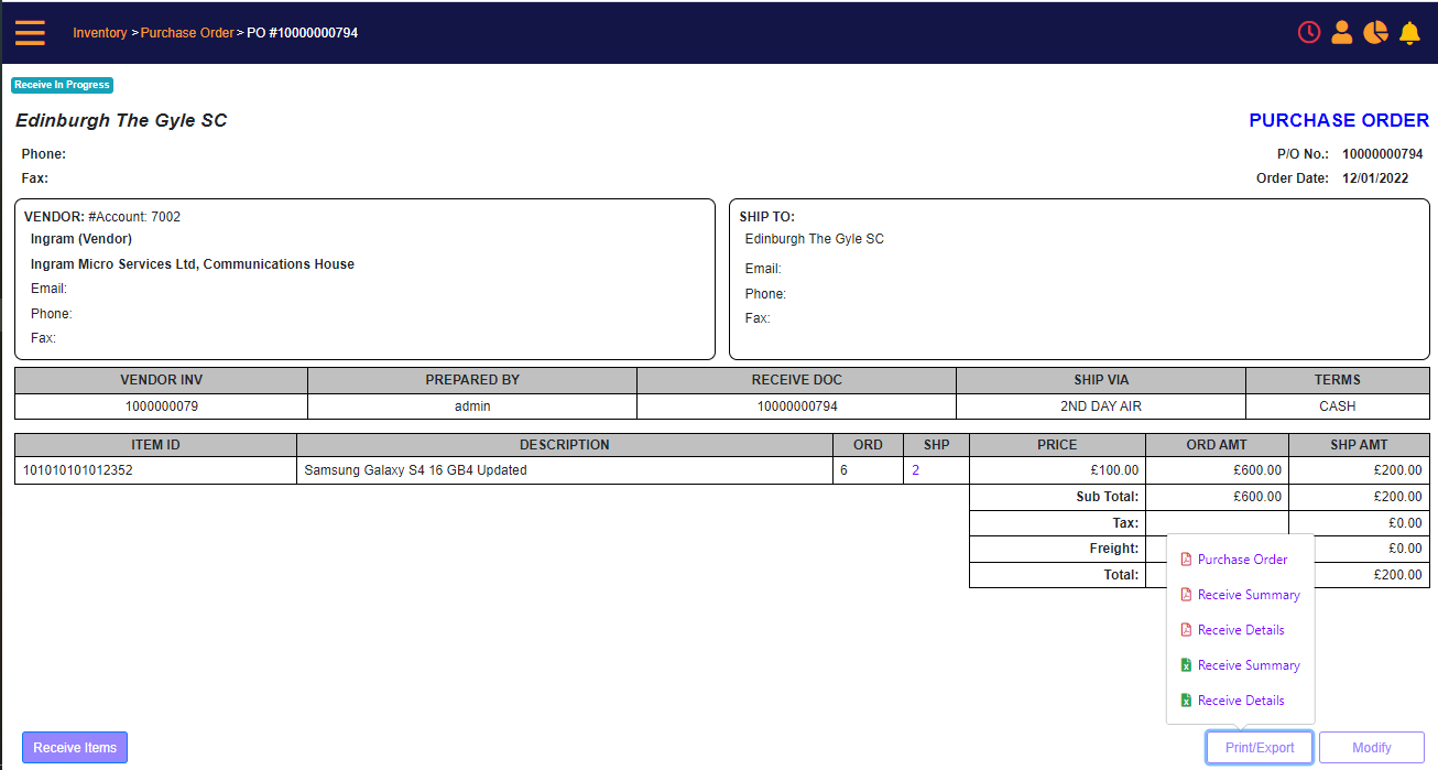 PO view - print options