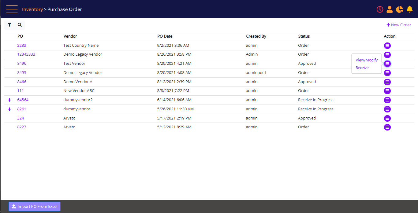 Purchase Order landing page - Action menu