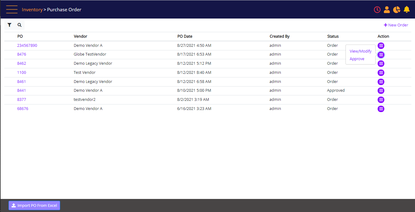 Purchase Order landing page - Action menu