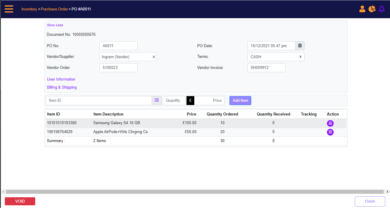 mPOS – PO screen 