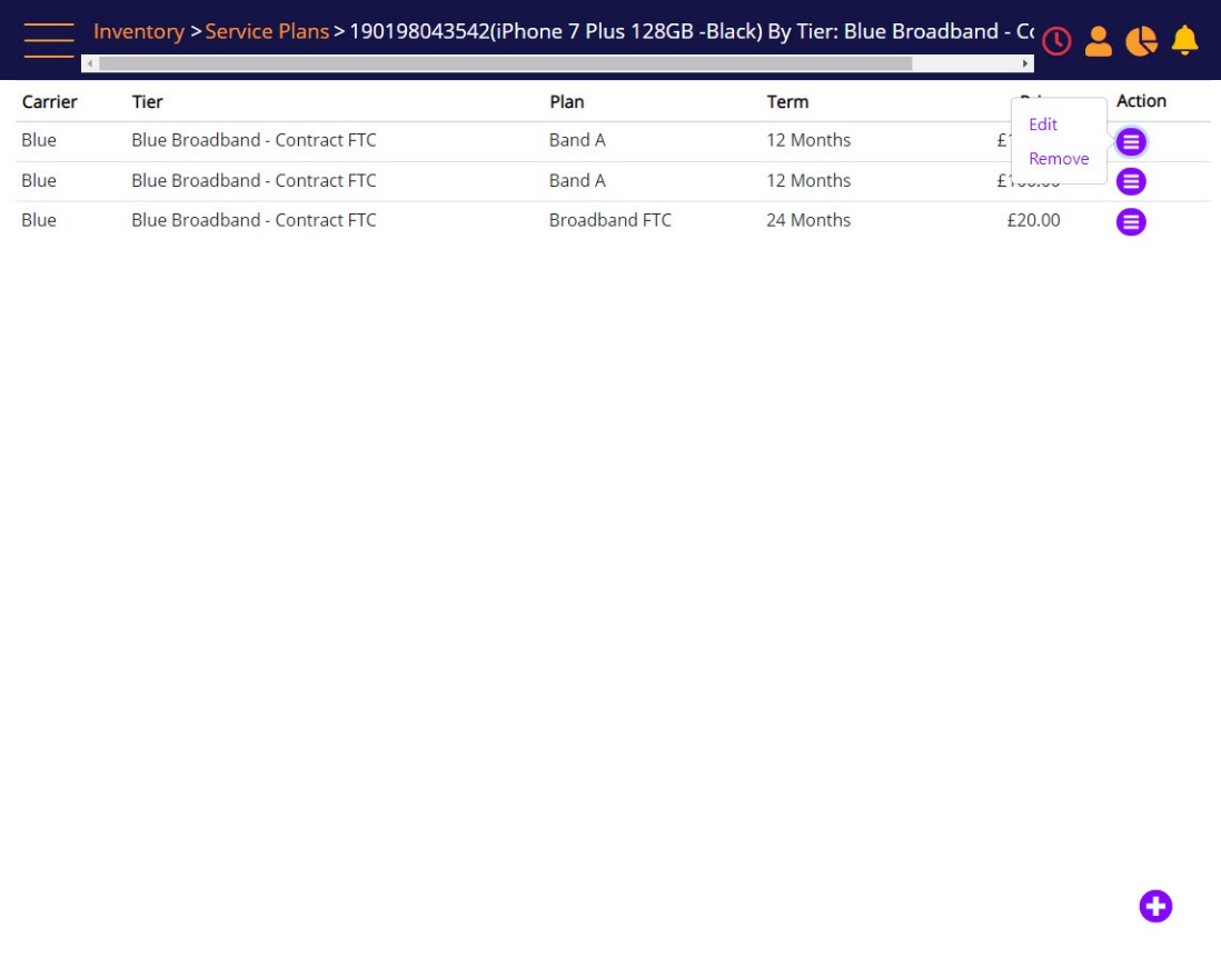 Plans per SKU and Tier - Action menu