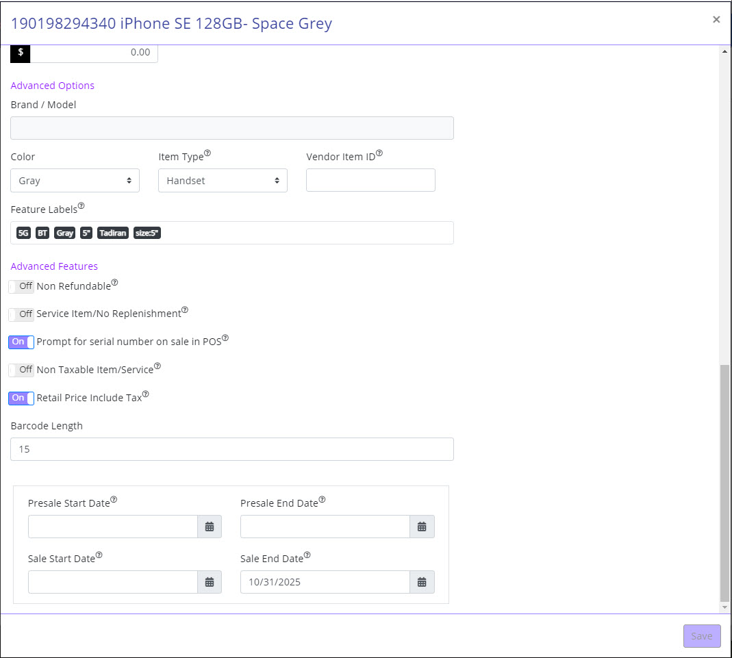 Item setup panel – Advanced Features