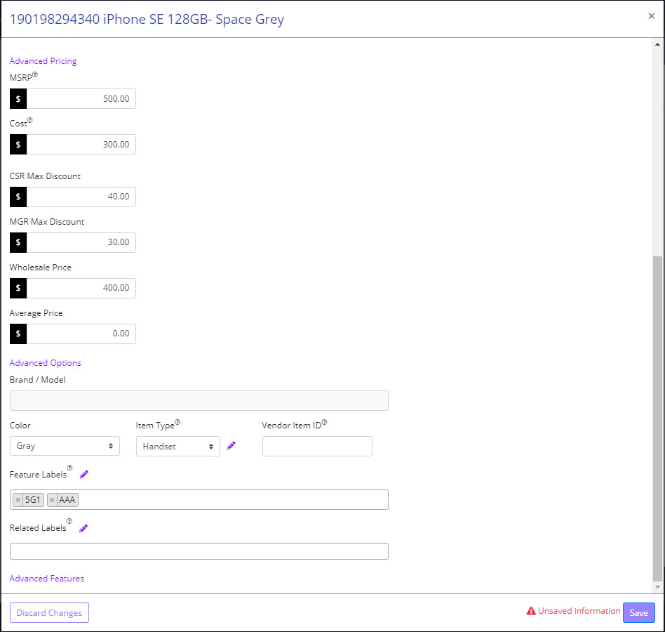 Item setup panel – Advanced Pricing / Advanced Options