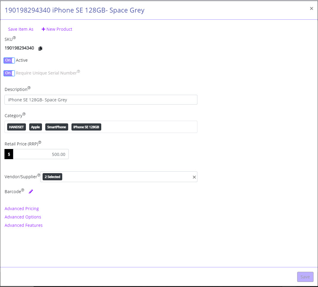 Item setup panel