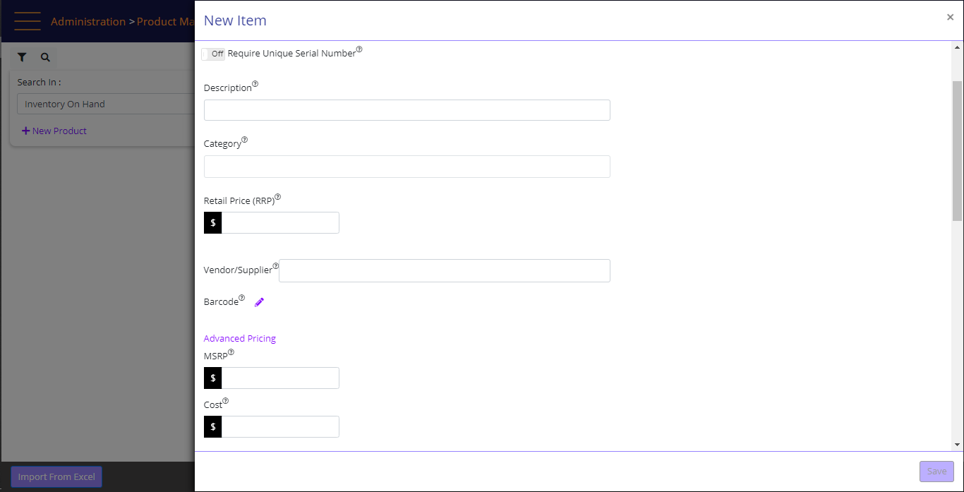 Item setup panel - new item