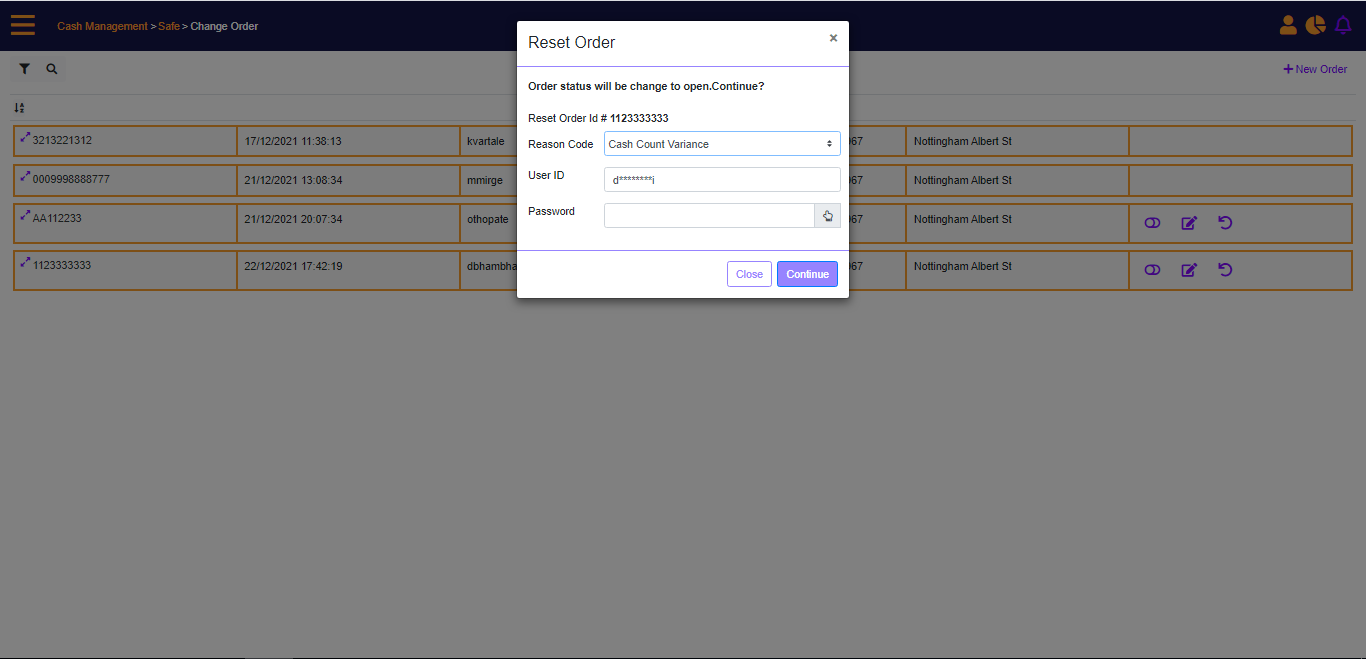 Reset Change order