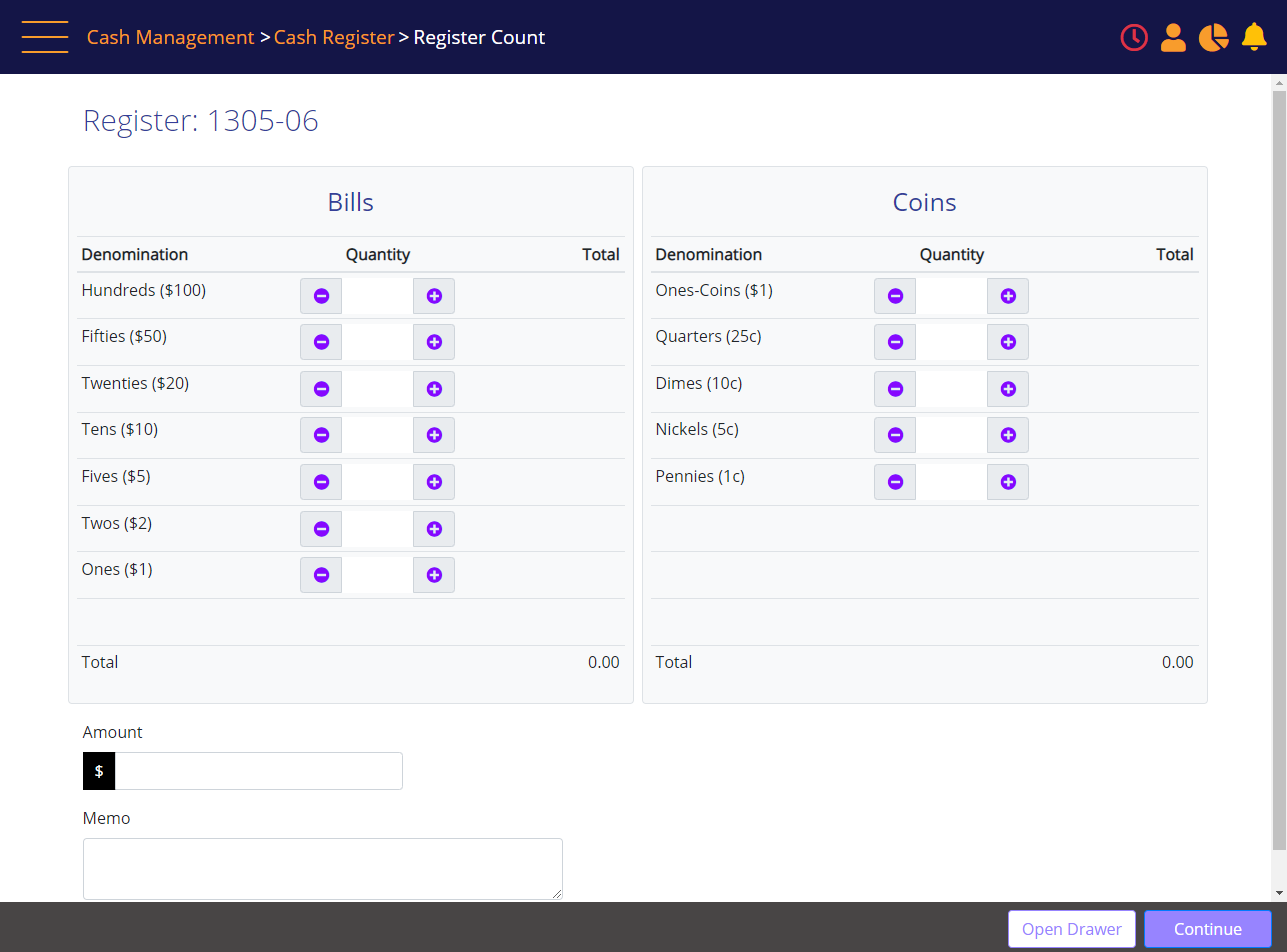 mPOS Register Count screen