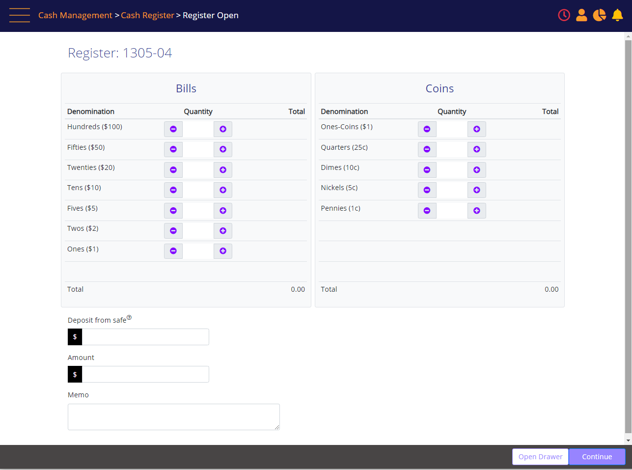 Register Open screen - count the cash in the drawer