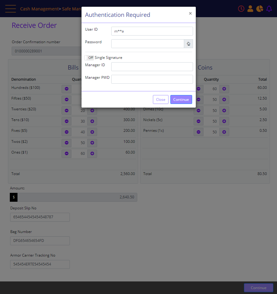 Change Order – authentication prompt