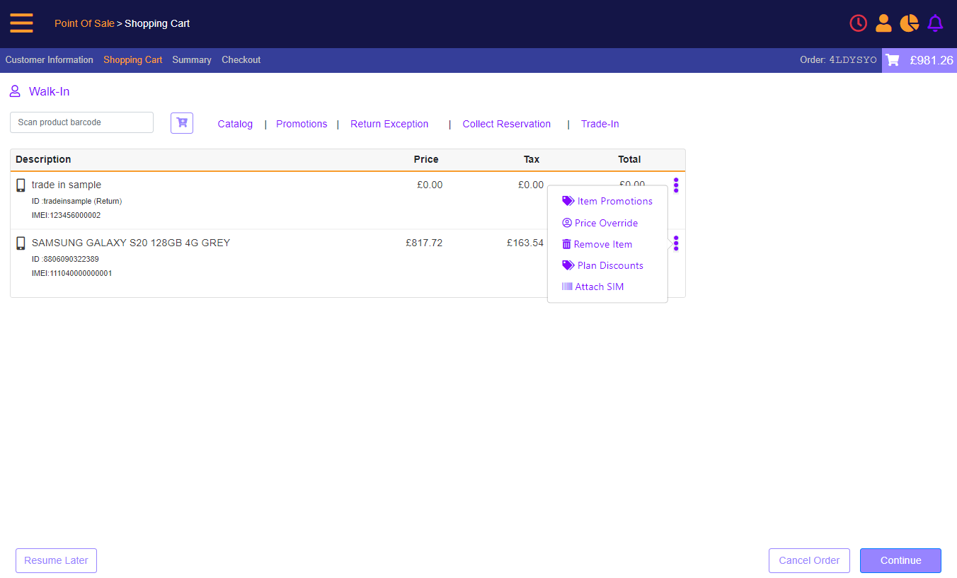 Trade in - new device added to the transaction and then user selects Plan Discounts