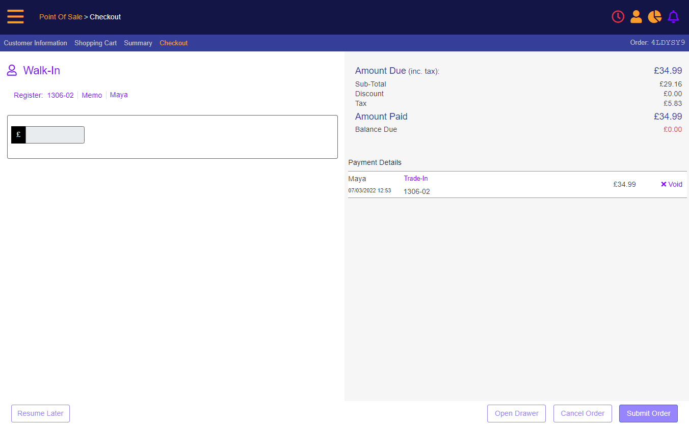 mPOS - order is paid by Trade-In form of payment