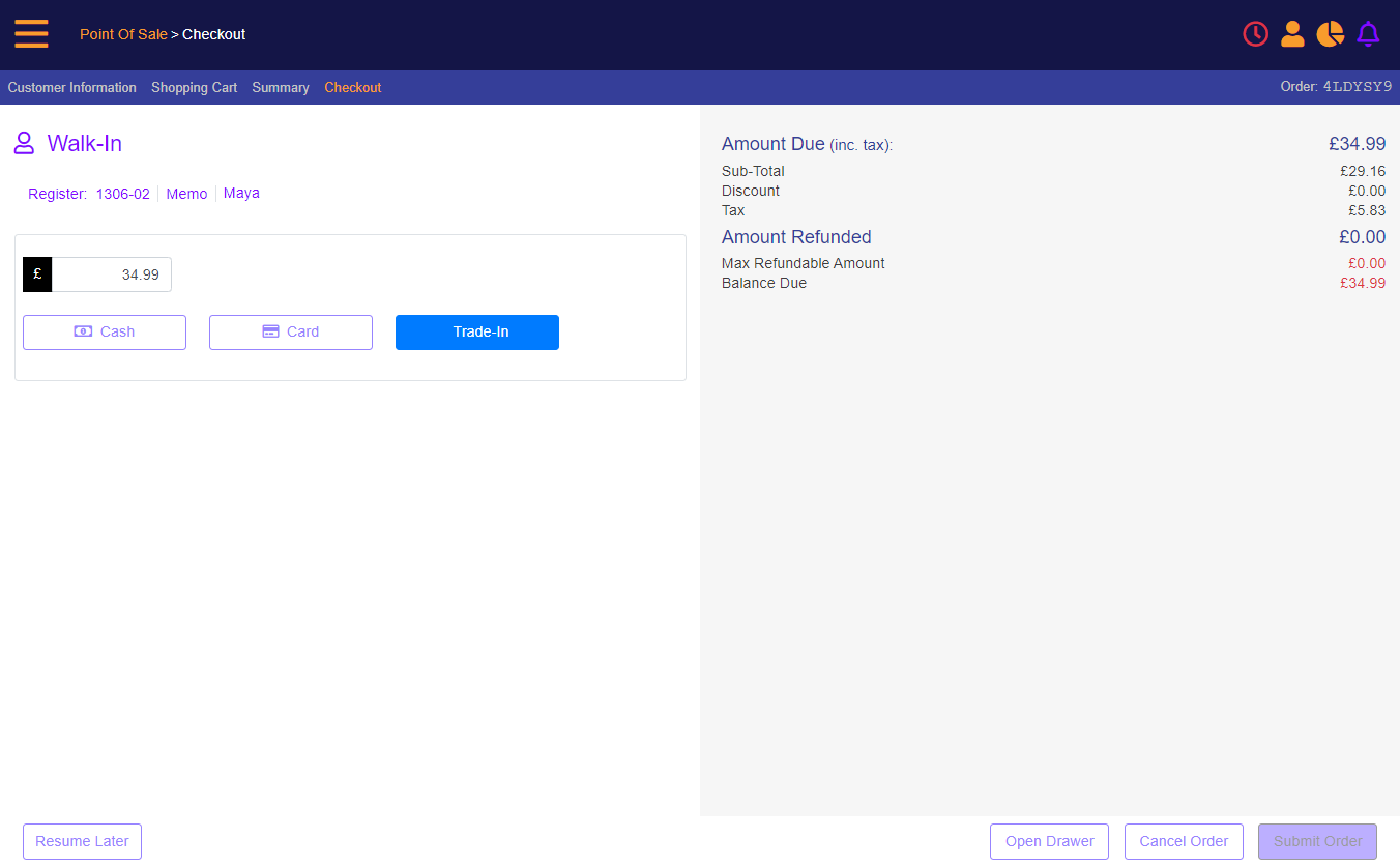 Checkout screen - select the form of payment Trade-In